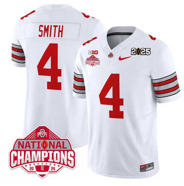 Men%27s Ohio State Buckeyes #4 Jeremiah Smith White 2025 CFP Final With National Champions Patch F.U.S.E. Vapor Limited Stitched Jersey Dzhi